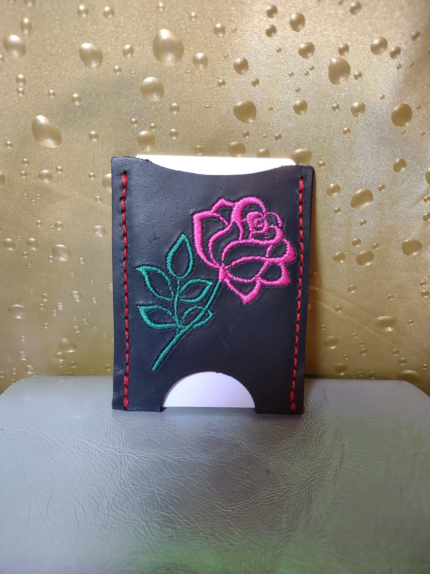 Card Holder with Embroidered Rose